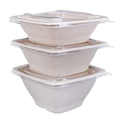 OK COMPOST 24/32/42 Oz Best Quality Disposable Take-out Bagasse Pulp Square Bowl With PET/PLA/PP LID